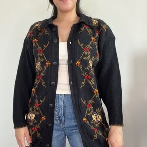 Acorn Cardigan Sweater Womens Large Navy Floral Pure New Wool Vintage Made in UK